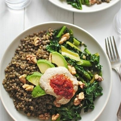 Lentils with Garden Vegetables, Avocado, Walnuts and Hummus recipe