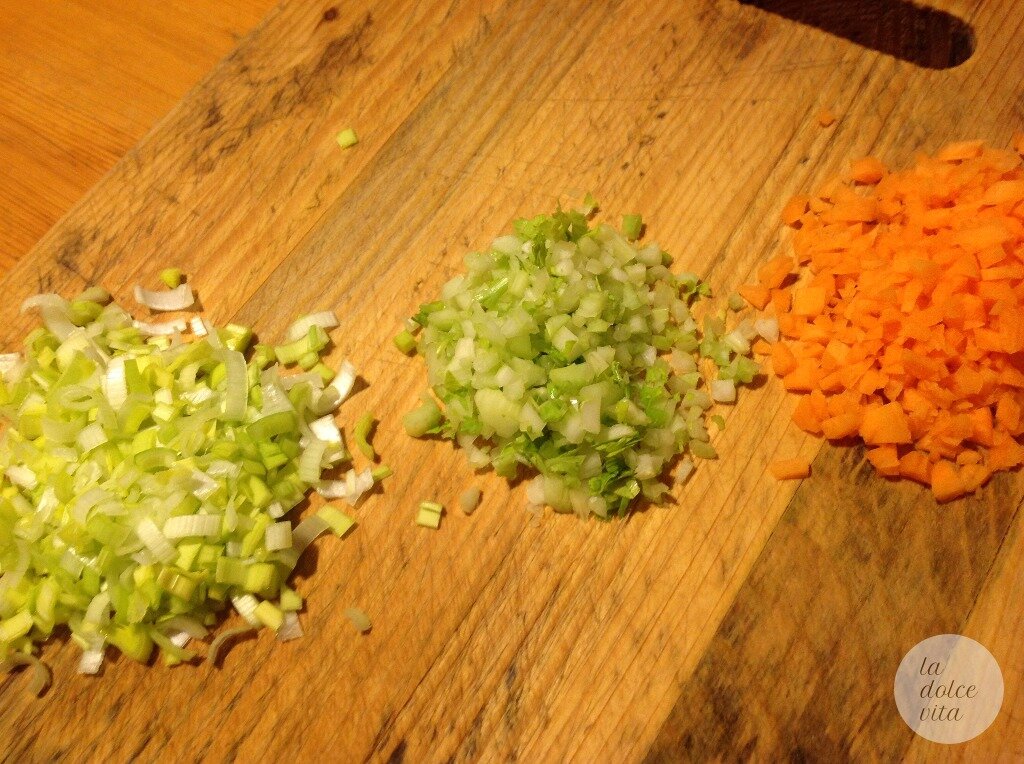A mixed minced of leek, celery and carrot